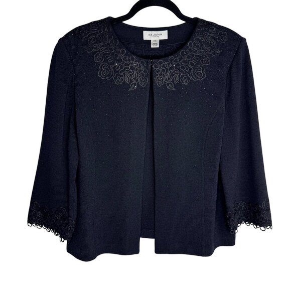 St. John Evening Black Embroidered Rhinestoned Wool Blend Formal Cardigan Sz 14 - Picture 11 of 13